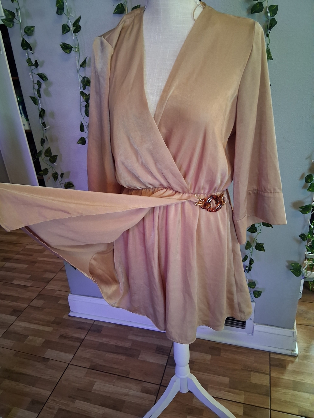 Zara Tan Wrap Dress with Gold Accent